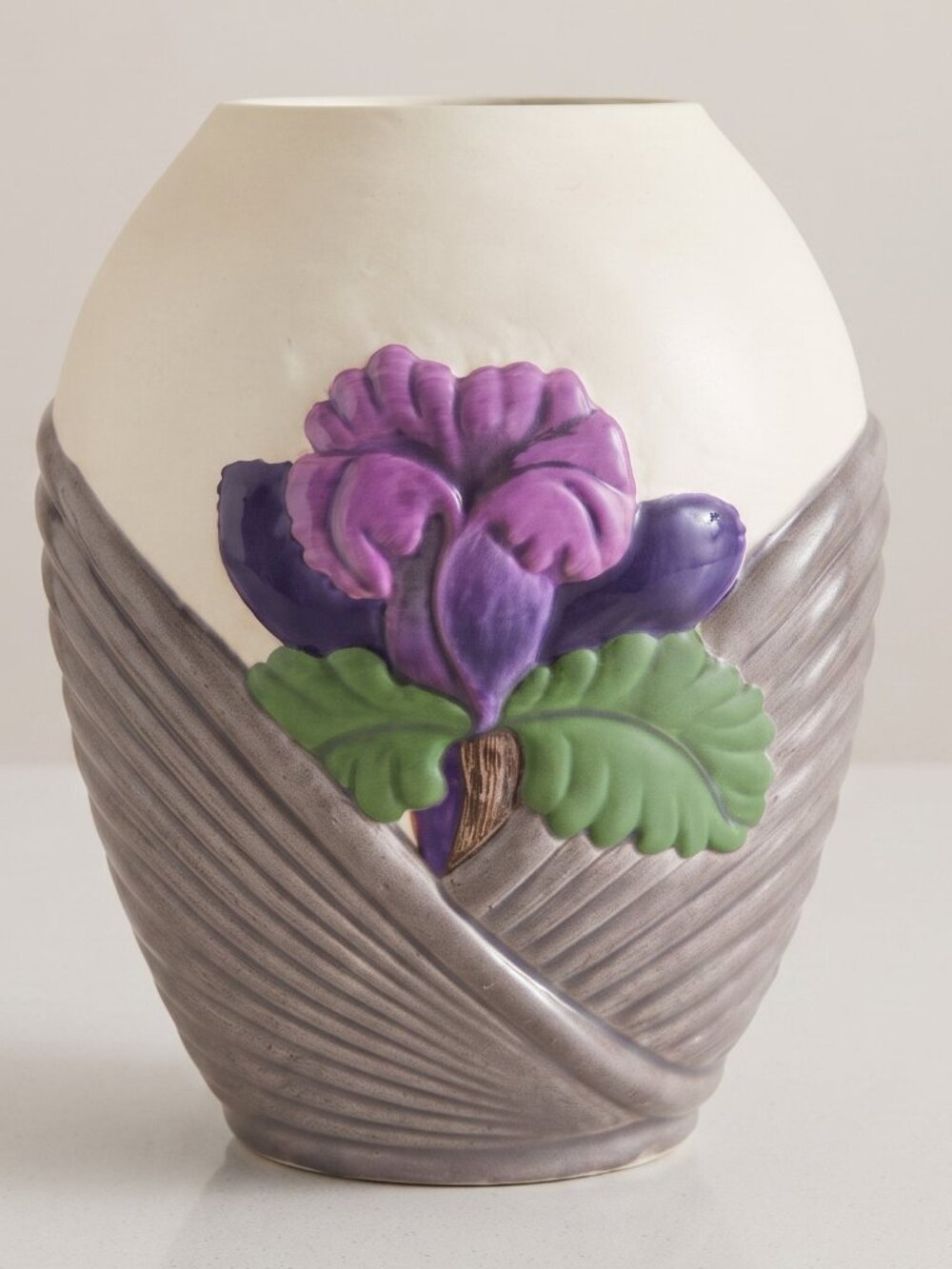 Vintage 1980s Ceramic Vase Purple Iris Raised Floral Relief Ribbed 8”